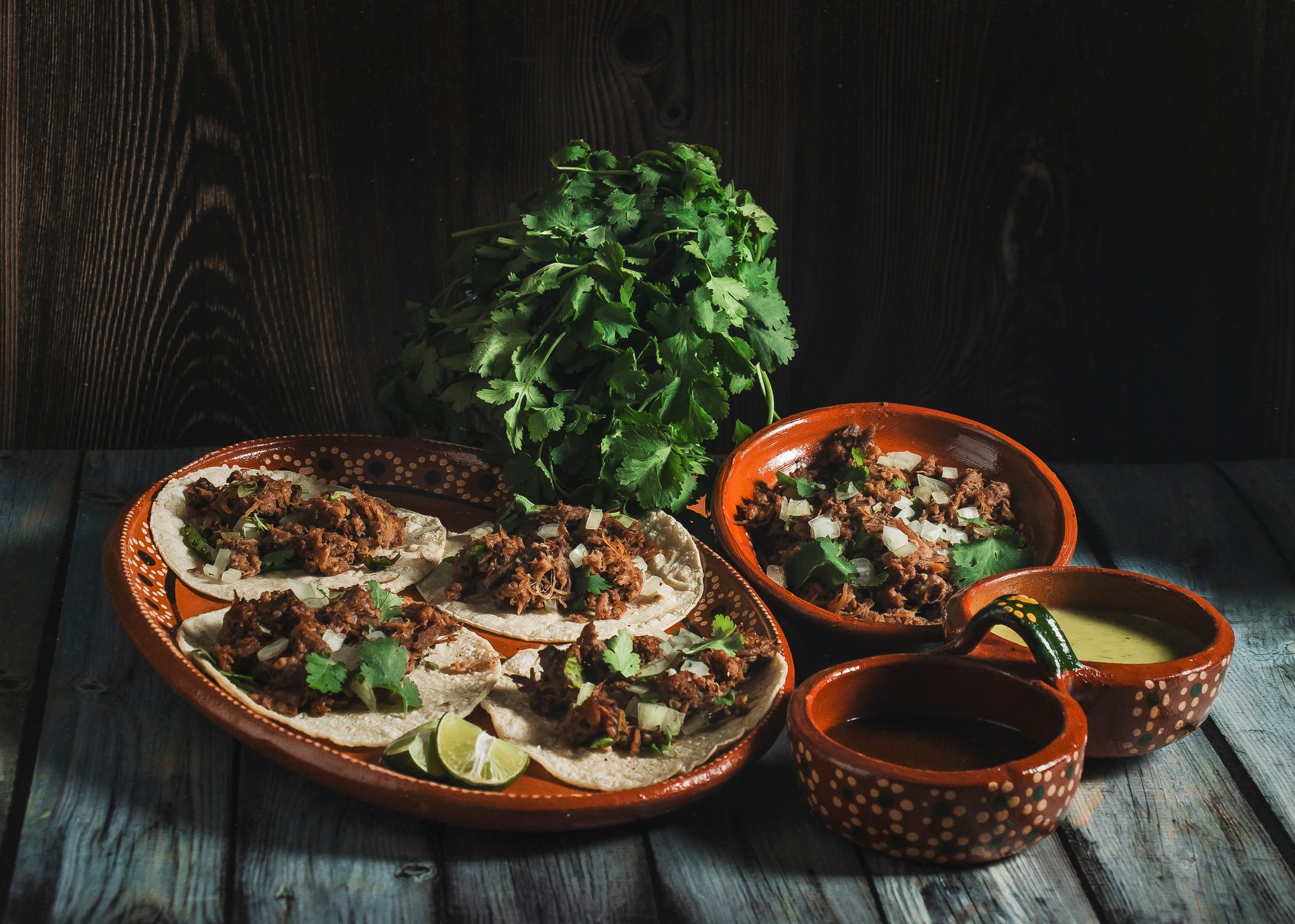 Tacos, Coriander, Barbecue and Sauces on Mexican Clay Plates 